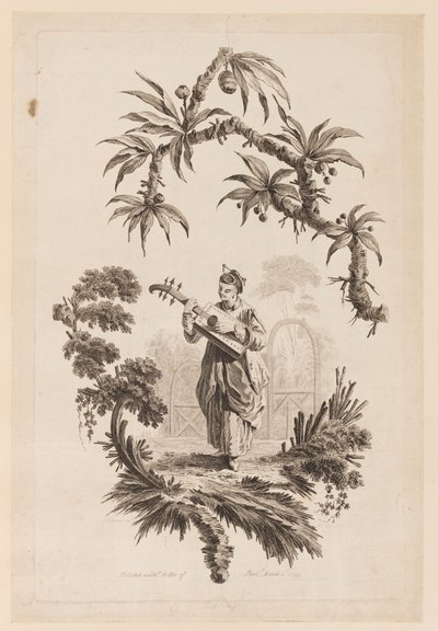 Figur spielt ein Musikinstrument unter einem Ast von Jean Baptiste Pillement