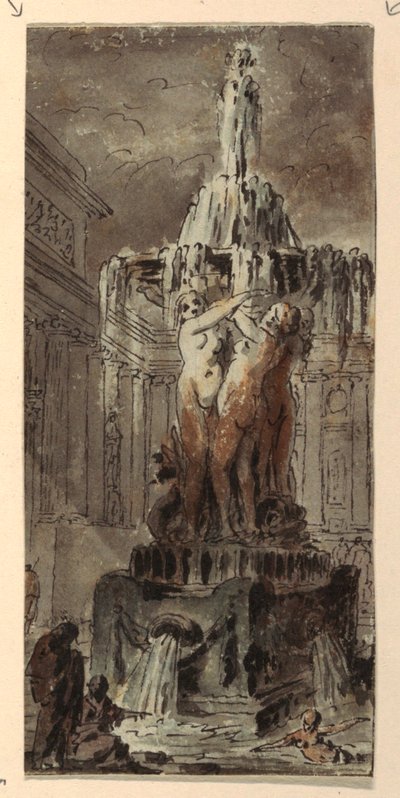 Architektonische Fantasie mit Brunnen von Jean Charles Delafosse