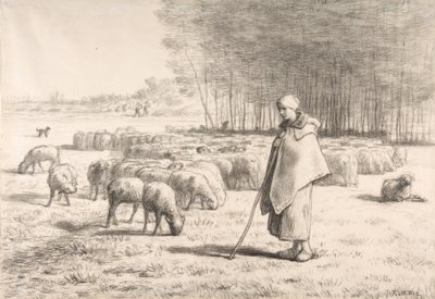 Eine Schäferin mit ihrer Herde von Jean Francois Millet