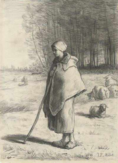 Schäferin, auf einen Stock gelehnt von Jean Francois Millet