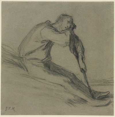 Sitzender Bauer, der sich auf eine Hacke stützt von Jean Francois Millet
