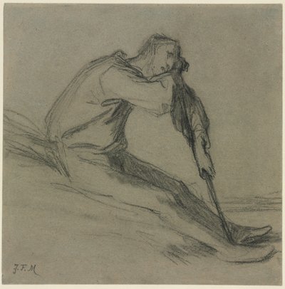 Sitzender Bauer, der sich auf eine Hacke stützt von Jean Francois Millet