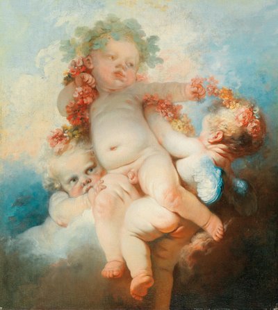 Drei Putti mit Blumen umwunden von Jean Honore Fragonard