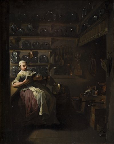 Kücheninterieur mit einem lesenden Mädchen von Jens Juel