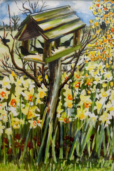 Narzissen und Vögel im Vogelhaus, 2000 (Gouache) von Joan Thewsey