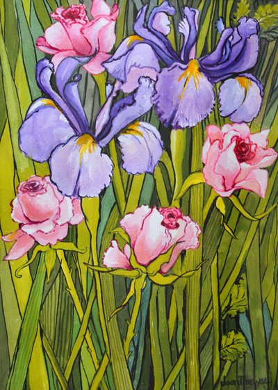 Rosen und Schwertlilien im Garten von Joan Thewsey