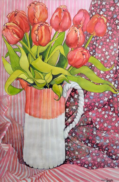 Tulpen in einem rosa-weißen Krug, 2005 von Joan Thewsey