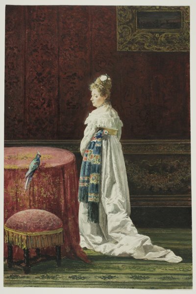 Frau mit einem grünen Papagei von Joaquin Agrasot y Juan