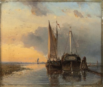 Hafen an einem niederländischen Fluss, 1843 von Johan Barthold Jongkind