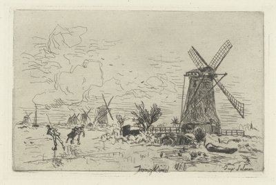 Landschaft mit Mühlen und Schlittschuhläufern von Johan Barthold Jongkind