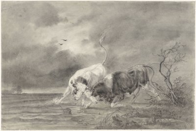 Zwei kämpfende Stiere in einer Flusslandschaft von Johan Daniël Koelman