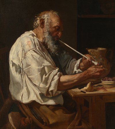 Alter Mann, der eine Pfeife anzündet von Johann Carl Loth