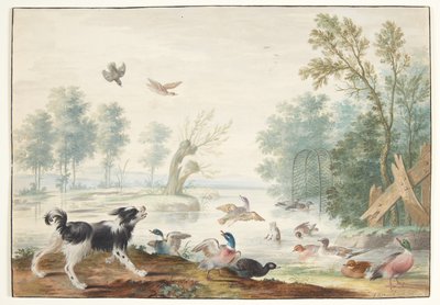 Ein Hund und Enten am See von Johannes Bronckhorst