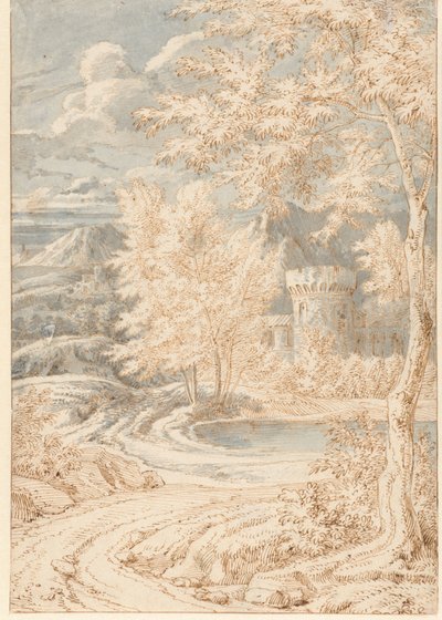 Arkadische Berglandschaft mit einem runden Turm von Johannes Glauber