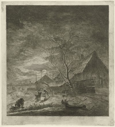 Nachtlandschaft mit Bauernhof und Schlittschuhläufern von Johannes Janson
