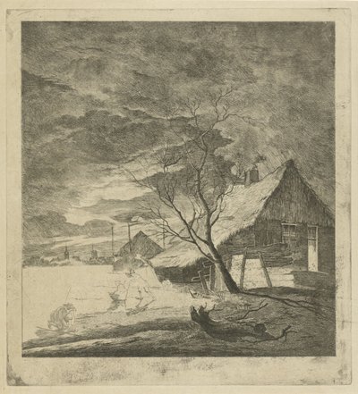 Nachtlandschaft mit Bauernhof und Schlittschuhläufern von Johannes Janson