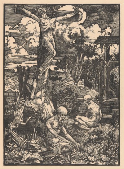 Gekreuzigter Mann in Hügellandschaft von Johannes Josephus Aarts