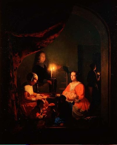 Eine Familie in einem Kerzenlicht-Interieur von Johannes Rosiere