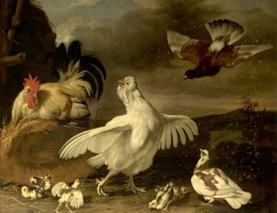 Hahn und Henne mit Küken und Tauben von Johannes Spruyt