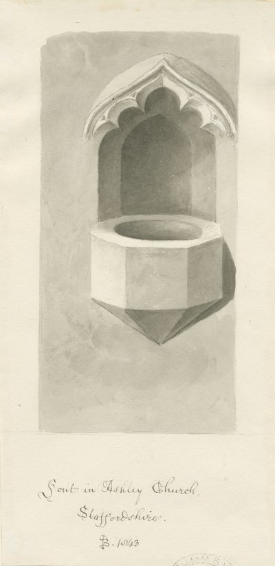 Taufbecken in Ashley Kirche: Sepiazeichnung, 1843 von John Buckler