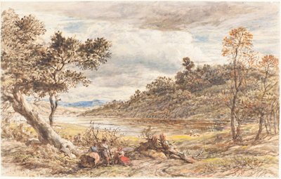 Reisende ruhen sich an einem umgestürzten Baum aus von John Linnell