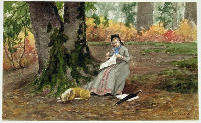 Frau stickt unter einem Baum von John Martin Tracy