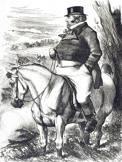 Karikatur, die John Bull zeigt, wie er Herbstmanöver beobachtet von John Tenniel