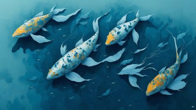 Tuschemalerei: Koi-Karpfen Blau_02 von Josef Johann Michel