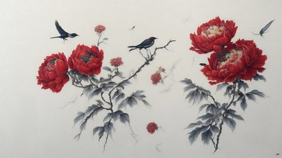 Tintenmalerei: Pfingstrose in Rot 02 von Josef Johann Michel