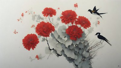 Tuschemalerei: Chrysanthemenblume in Rot_02 von Josef Johann Michel