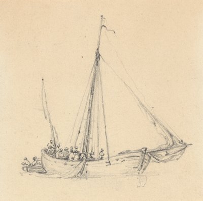 Einzelner Ketch, Bug vorwärts; Ruderboot dahinter von Joseph Cartwright