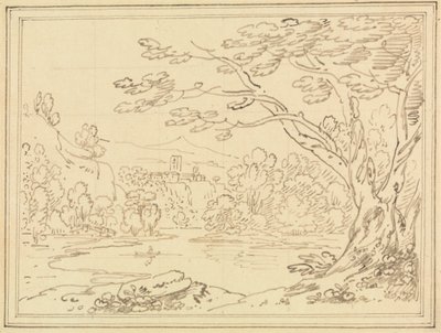 Landschaft mit Bäumen an einem See von Joseph Farington