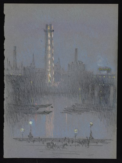 Schutzturm mit Nachtlichtern, vom Embankment von Joseph Pennell