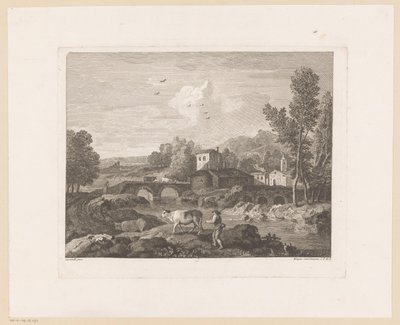 Flusslandschaft mit Hirte und Kühen auf der Brücke von Joseph Wagner
