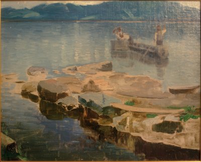 Felsenzunge im Eibsee mit Fischern von Joseph Wopfner