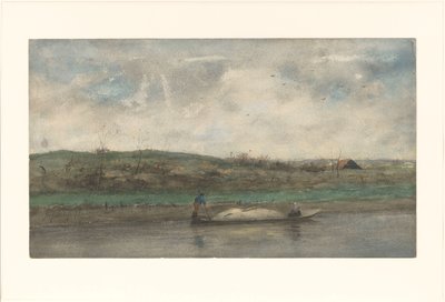 Sandkahn in Fahrt durch hügelige Landschaft von Jozef Neuhuys