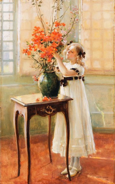 Ein junges Mädchen arrangiert Frühlingsblumen von Jules Alexis Muenier
