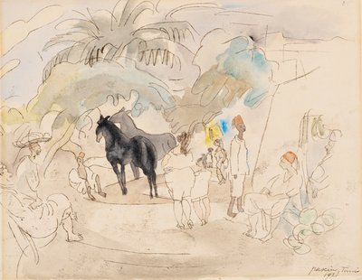 Figuren und zwei Pferde in der Landschaft von Jules Pascin