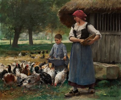 Bauernmädchen füttert Hühner von Julien Dupre