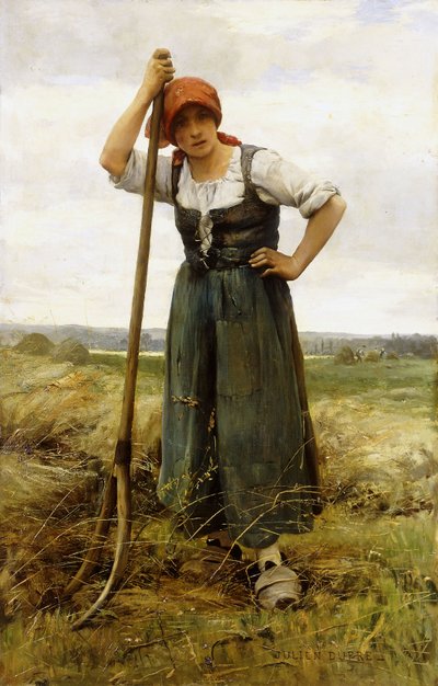 Bäuerin, die sich auf eine Heugabel stützt von Julien Dupre