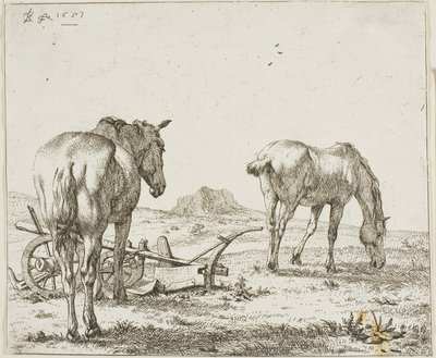 Zwei Pferde bei einem Pflug von Karel Dujardin