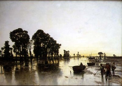 Eine weitläufige überflutete Landschaft mit Bauern von Karl Heffner