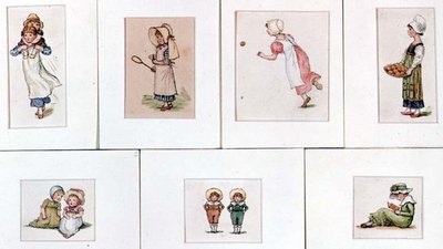 Sammlung von Miniatur-Aquarellen spielender Kinder von Kate Greenaway