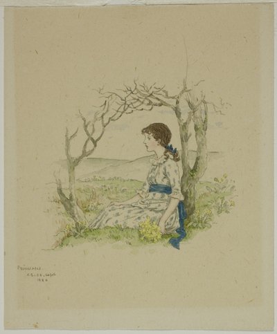 Sitzendes Mädchen mit Primeln von Kate Greenaway