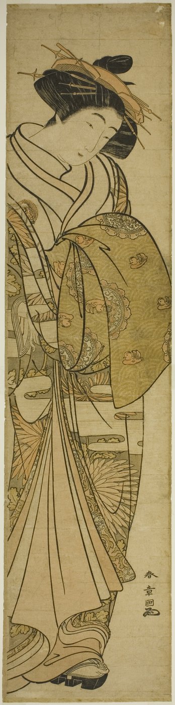 Kurtisane in einem Kimono mit Chrysanthemenmuster von Katsukawa Shunsho