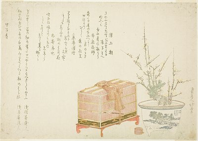 Vogelkäfig und eingetopfter Pflaumenbaum von Katsushika Hokusai