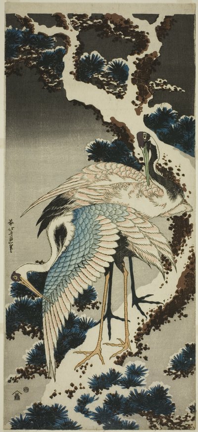 Kraniche auf schneebedeckter Kiefer von Katsushika Hokusai