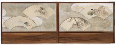 Vier Fächerbilder auf einem Bildschirm montiert von Katsushika Hokusai