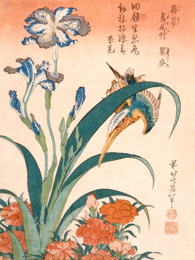 Eisvogel, Schwertlilien und Nelken, veröffentlicht ca. 1834 von Katsushika Hokusai