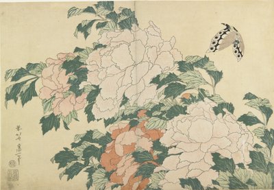 Pfingstrosen und Schmetterling von Katsushika Hokusai
